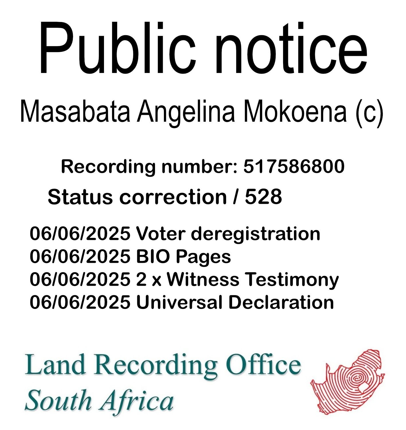 Public Notice Masabata Angelina Mokoena (c) Recording number 517586800